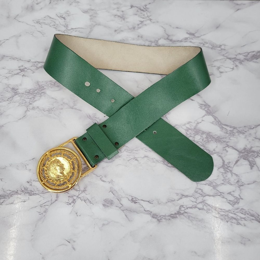 Vintage Green Leather Statement Belt with Gold Napoleon Coin Medallion - Picture 2 of 16